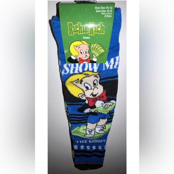 Richie $ Rich Crew Socks 2 Pair Men's 6.5-12 Blue Black w $ Harvey Comics NEW! - Picture 9 of 9